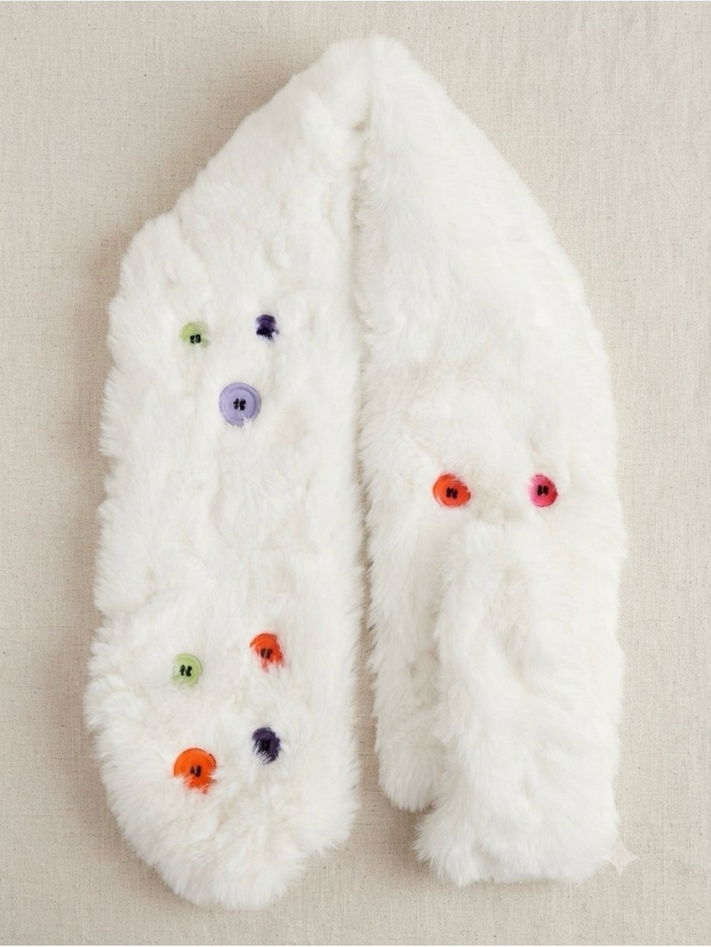 HALARA White Faux Fur Scarf with Colorful Button Accents
